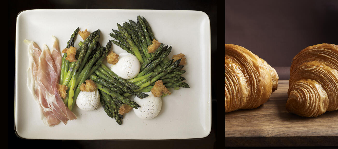 Asparagus with poached eggs and cured ham