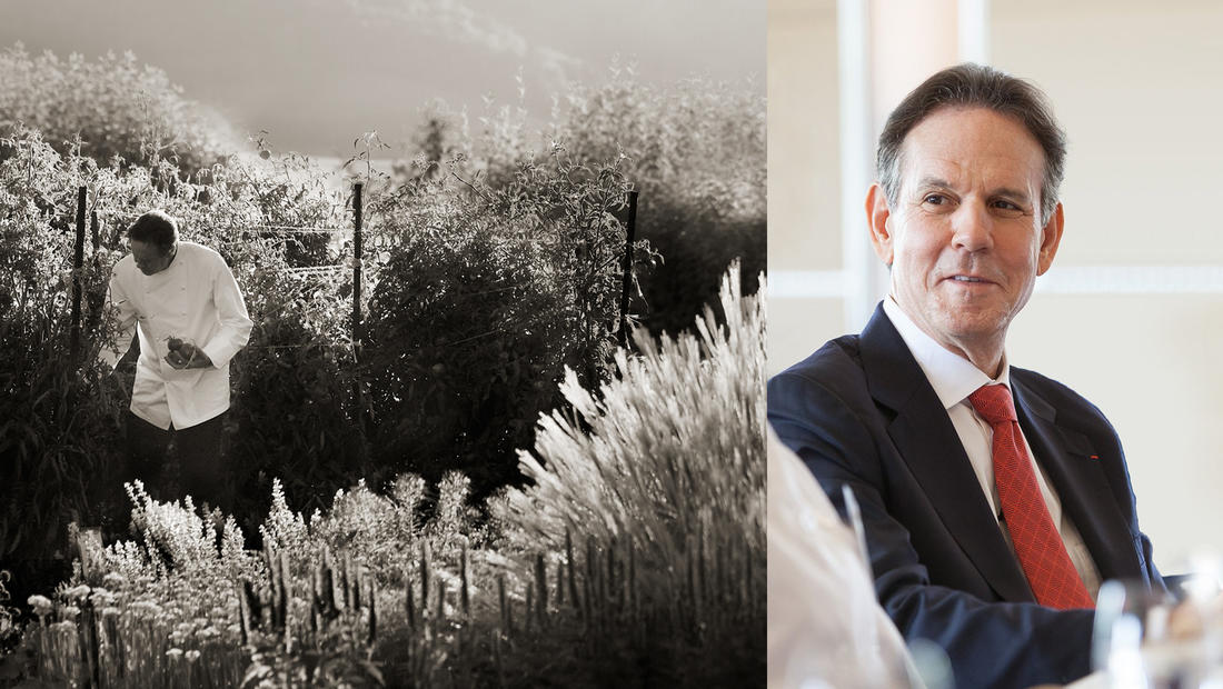 Thomas Keller in garden; Thomas Keller in conversation